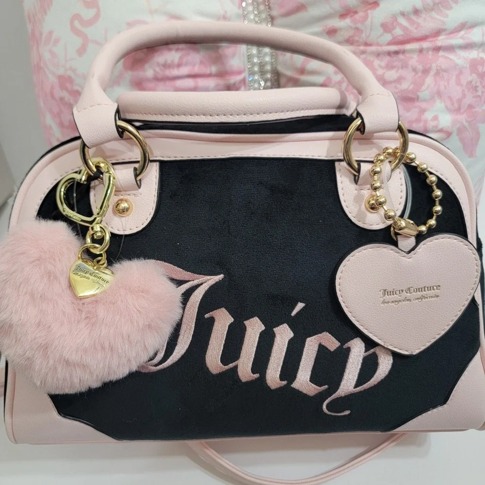 Juicy Couture Urban Heritage Bowler Bag VELOUR With Heart POM Bag Charm & WALLET